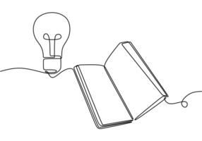Open book with a lightbulb in continuous line drawing. Ideas and enlightenment in education concept. vector