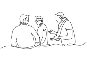 Three men chatting one line drawing vector