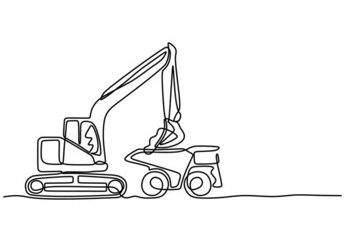 Excavator loading dump truck continuous line vector