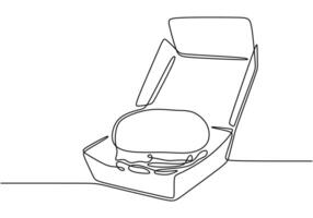 Hamburger in a box illustrated in continuous line drawing. Fast food takeaway concept design. vector