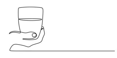 Hand gripping water glass line art vector