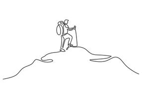 Hiker with stick on mountain peak line art vector