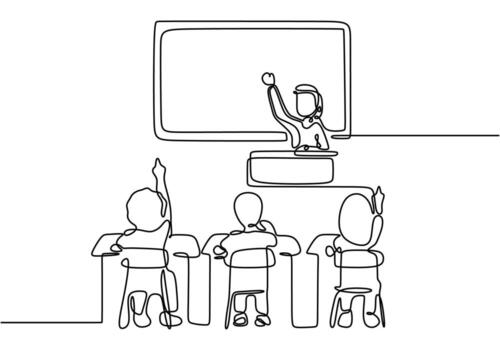 Classroom learning in continuous line drawing. Teacher with students focusing on interactive education. vector