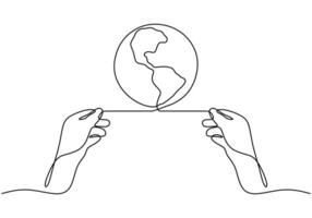 Hand holding globe one line drawing vector