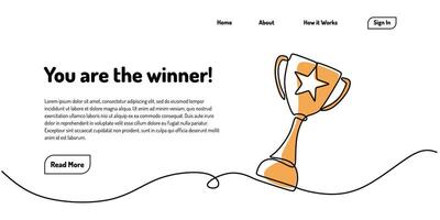 Hand holding a trophy in one line drawing for landing page template. Victory and award concept. vector