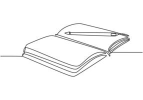 Open book with a pen in continuous line drawing. Education concept highlighting reading and writing. vector