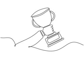 Hand holding a trophy in continuous line drawing. Victory and award illustration. vector
