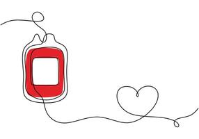 Heart Symbol and Blood Donation Bag Line Art. Continuous line drawing for healthcare themes, minimalist design. vector