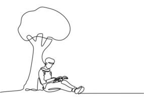 Students reading books under a tree in continuous line drawing. Relaxation and enjoyment of literature in education concept. vector