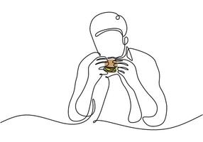 Continuous line drawing of a man eating a burger. Illustration for food and drink concepts. vector