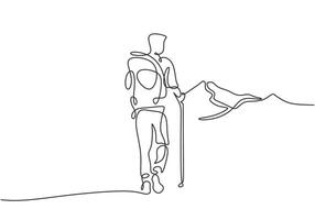 Solo hiker with stick on mountain trail vector