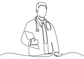 Doctor Holding Book with Stethoscope Line Art. Healthcare concept, continuous line drawing of a medical professional. vector