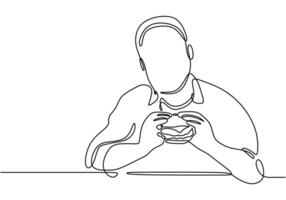 Man eating a burger depicted in continuous line drawing. Design for food and drink concepts. vector