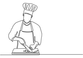 Chef cooking in the kitchen illustrated in continuous line drawing. Food and drink concept design. vector