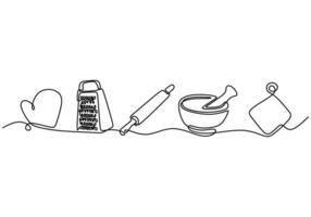 Kitchen appliances depicted in continuous line drawing. Illustration for food and kitchenware concepts. vector