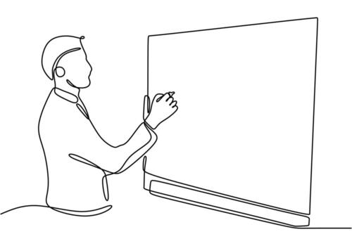Teacher writing on the blackboard in continuous line drawing. Instruction and classroom dynamics in education concept. vector