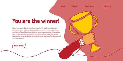 Hand holding a trophy in continuous line drawing for landing page. Award and victory concept. vector