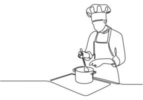 Continuous line drawing of a chef cooking in the kitchen. Illustration for food and drink concepts. vector