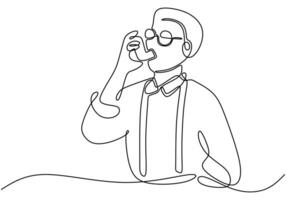 Asthma patient using inhaler one line drawing. Minimalist healthcare concept illustration. vector