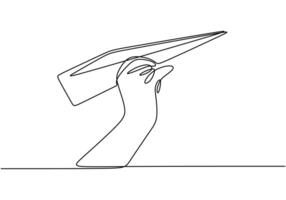 Hand holding paper plane line drawing vector