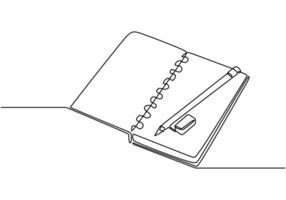 Pencil and eraser next to a notebook in continuous line drawing. Writing and learning tools in education concept. vector