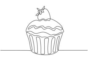 Continuous line drawing of muffin cake with strawberry. Food and drink concept design. vector