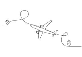 Airplane with destination pin single line art vector