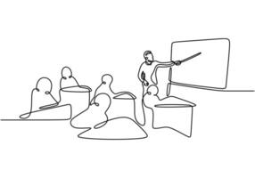Classroom scene in continuous line drawing. Education concept featuring a teacher and students. vector