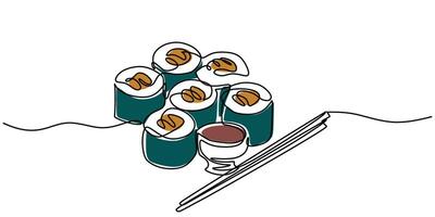 Sushi with chopsticks one line drawing vector