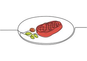 Continuous one line drawing of steak on a plate. Illustration for food concept. vector