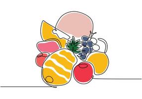 Assorted fresh fruits one line drawing vector