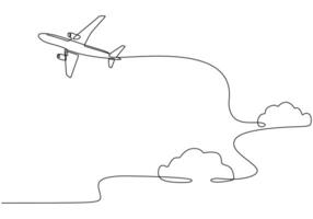 Soaring airplane in clouds one line drawing vector