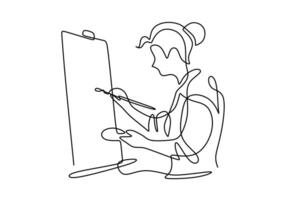 Woman painting on canvas continuous line art vector