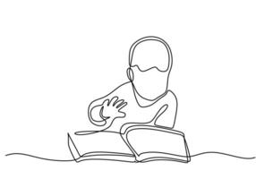 Boy reading book continuous line art vector