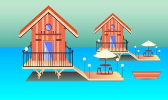 Illustration of a romantic cottage or inn. A serene atmosphere and a floating vacation spot. A comfortable place with a wooden house and aesthetic lamp vector