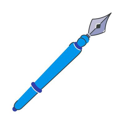 Blue fountain pen icon. Vintage tool for calligraphy, handwriting, signing documents, drawing. Stationery for school, office. Ink pencil, nib. Hand drawn flat illustration isolated on white