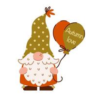 Funny autumn gnome. Cute gnome with a beard holds colorful balloons. Magic character of Scandinavian folklore. Dwarf in a polka dot hat. Cartoon flat clipart for Thanksgiving, fall party vector