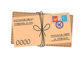Stack of closed letters icon. Envelopes with handwritten text, bright postage stamps, seal. Message from a pen pal, postcard from travel. Postal correspondence tied with string. Hand drawn art vector