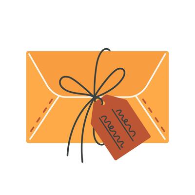 Closed vintage letter icon. Cute envelope tied with string, tag with handwriting wish. Message from a pen pal, postcard, invitation. Postal correspondence, paper parcel. Flat cartoon clipart