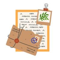 Vintage letter icon. Open envelope with post office stamp, wax seal, tied with string. Handwritten text on paper, photo of plant attached with binder clip. Message from trip, correspondence vector