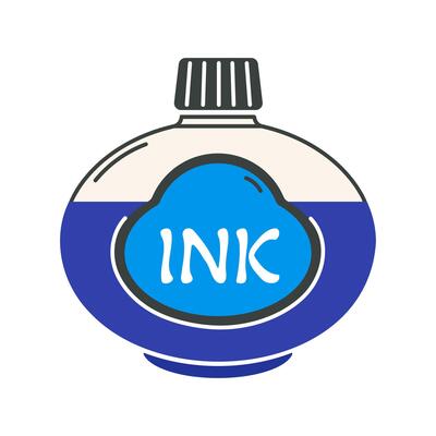 Glass bottle with blue ink icon. Transparent inkwell with label and stopper. Liquid for writing letters, handwriting, calligraphy. Stationery for school, office. Hand drawn color clipart