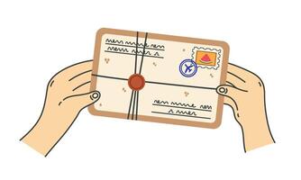 Hands holding a closed letter clipart. Parcel from abroad with a stamp, handwritten text, wax seal, tied with a string. Message from a pen pal, card from trip. Postal correspondence, delivery vector