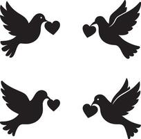 Romantic dove carrying heart in flat black silhouette illustration bundle set for love theme vector