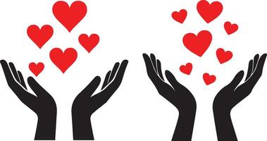 Hands releasing flying red hearts in flat black silhouette illustration bundle set for love design vector