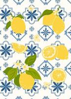 Background with Italian geometric tiles and lemon branches with flowers. Summer wallpaper of the Amalfi Coast. Traditional blue geometric background texture. illustration vector
