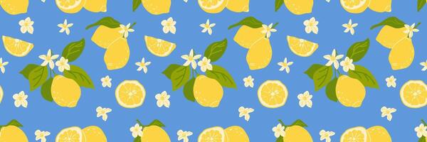 Hand-drawn vintage seamless pattern with yellow lemons on a blue background. Summer Mediterranean print. Fashionable Mediterranean background for paper, covers, fabric vector