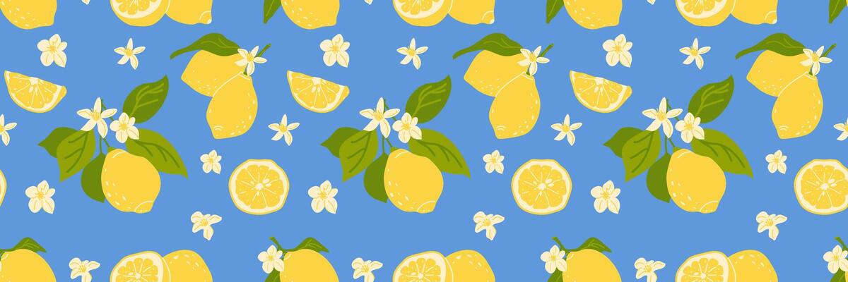 Hand-drawn vintage seamless pattern with yellow lemons on a blue background. Summer Mediterranean print. Fashionable Mediterranean background for paper, covers, fabric
