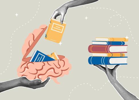 Trendy halftone collage. Books about knowledge transfer and learning that fill the brain. The concept of learning, getting an education, gaining new knowledge. illustration vector