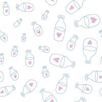 Blue outline hand drawn bottles with hearts seamless pattern . Pink and blue cute doodle objects on white. vector