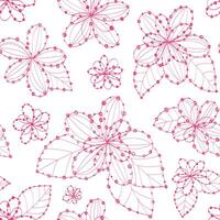 Hand drawn ink line flowers with dot pink color on white. Seamless pattern tender, gently, girly vector